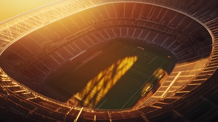 Aerial view of soccer stadium illuminated by golden light professional sports venue for football fans
