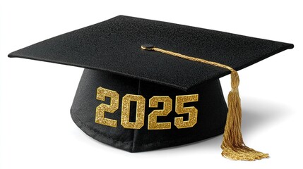 Celebrating the graduation year 2025 with a black cap and golden text on a clean white background. High quality