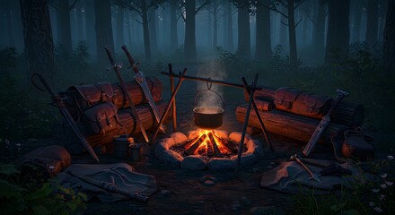Campfire Scene in a Misty Forest at Dusk