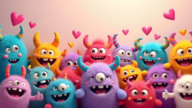 Adorable monsters texture with colorful fur, expressive faces and playful details for kids' happy decor.