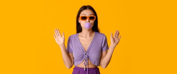 Surprised Asian woman with chewing gum on yellow background