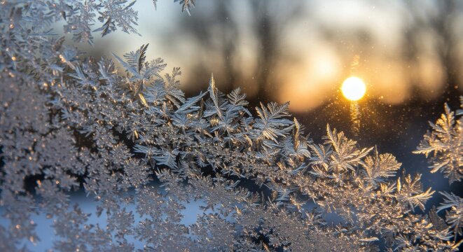 Intricate ice crystals frost a windowpane, backlit by the warm glow of the setting sun, creating a beautiful contrast of cold and warmth.