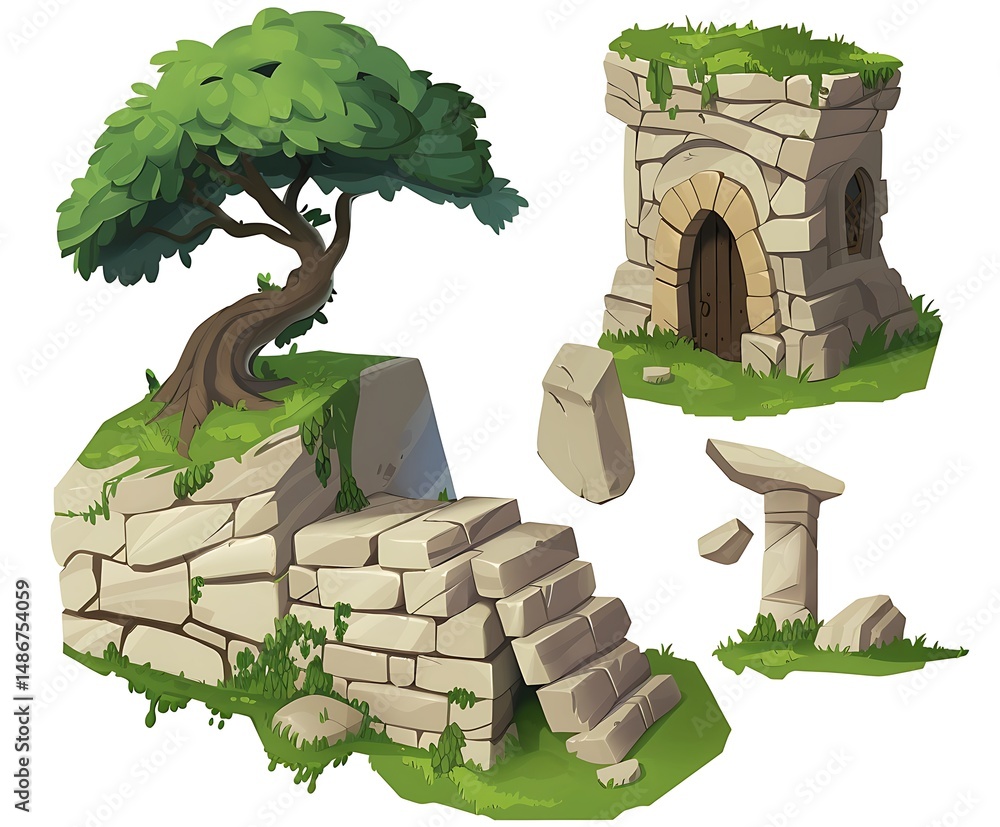 Poster stone structures and tree on a cliff with green grass and textured stone blocks