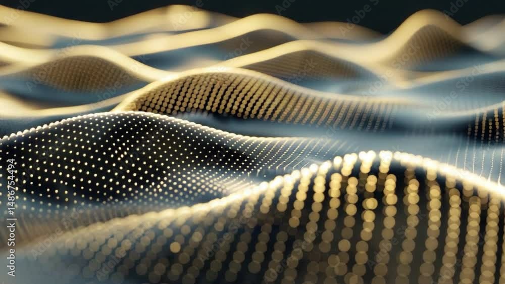 Poster mesmerizing abstract waves flowing patterns of golden dots creating depth and movement, evoking tran