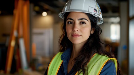 A confident female engineer in her late 20s stands in a construction setting, wearing a hard hat and safety vest. She embodies professionalism and dedication to her craft.