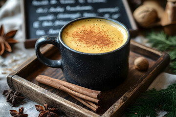Golden Milk Latte with Cinnamon Dusting on Rustic Wooden Tray