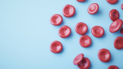 Red blood cells scattered on a blue background