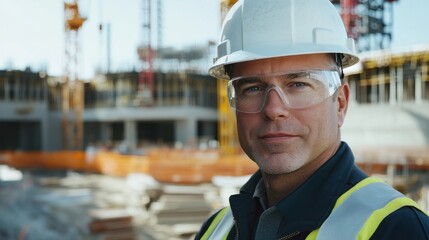 A middle-aged European man in a hard hat and safety glasses stands confidently at a construction site, showcasing professionalism and dedication to his work.