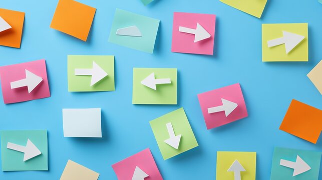 Colorful Arrow Direction Signs on Notes Background Abstract Pastel Choice Decision Guidance Concept Strategy Planning Path Road Map Wayfinding        