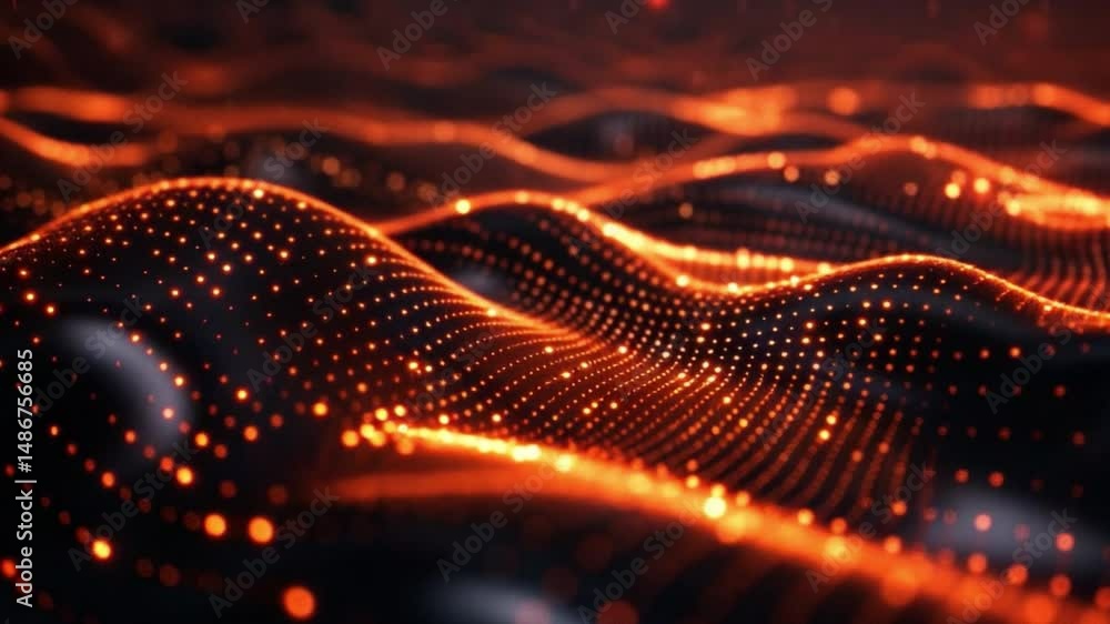 Poster abstract digital waves glowing orange dots create mesmerizing visual effect with depth and movement 