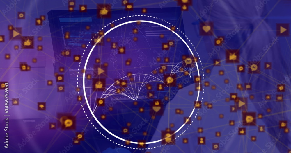 Poster image of data processing with dna strand over caucasian woman using computer