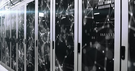 Image of green shapes moving over servers