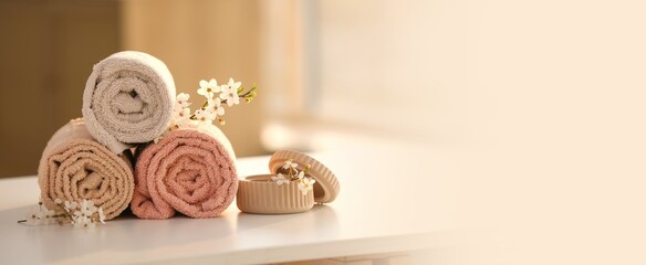 Clean towels with blooming branches on table in bathroom. Banner for design