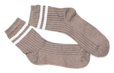 Pair of brown socks isolated on white, top view