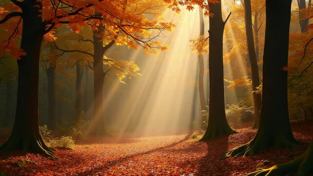 Autumn forest scenery with rays of warm light