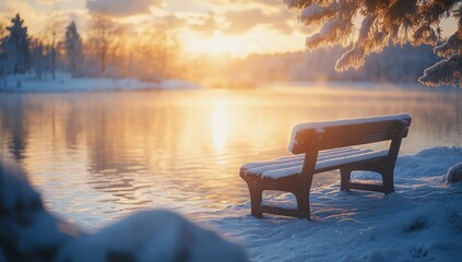 Obraz premium Snowy winter sunrise over frozen lake, bench