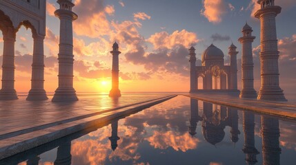 Fototapeta premium Sunset reflection architectural wonder ornate columns calm water golden light