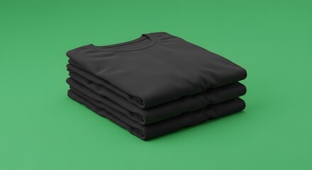 Folded Black T-Shirts Stack on Green Backdrop