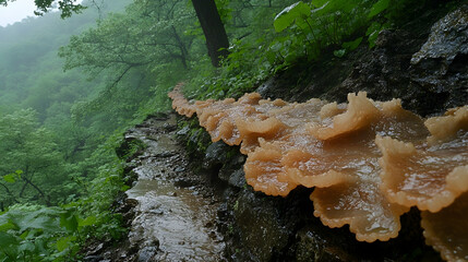 Fototapeta premium Scenic woodland stream with flowing water and an unusual fungi formation