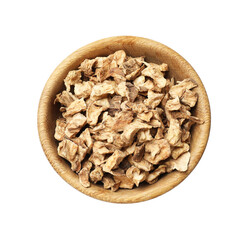 Pieces of dry chicory roots in bowl isolated on white, top view