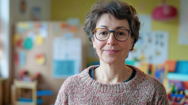 This portrait features a middle-aged European woman in her mid-50s, smiling warmly. The setting reflects a cheerful and vibrant indoor environment, conveying a sense of approachability and kindness.