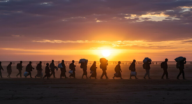 Silhouetted Migrants in Dusty Plain at Sunset