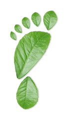 Human footprint made of green leaves on white background, top view. Environmental care, ecology protection, reducing CO2 emission