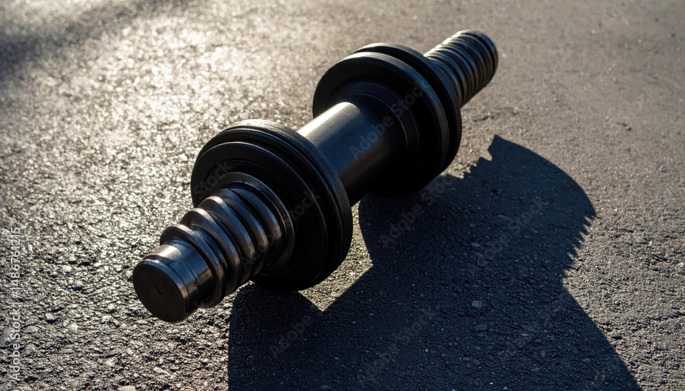 Poster close-up view of a metallic industrial screw against a rough textured asphalt surface illuminated by