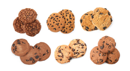Yummy chocolate chip cookies isolated on white, collage