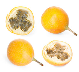 Ripe passion fruits on white background, collage