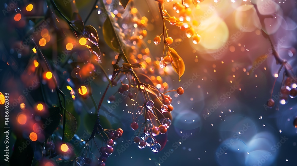 Poster abstract close up of orange berries on a branch with bokeh effect and water droplets