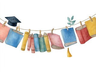 Simple watercolor graduation banner featuring books and a graduation cap. High quality