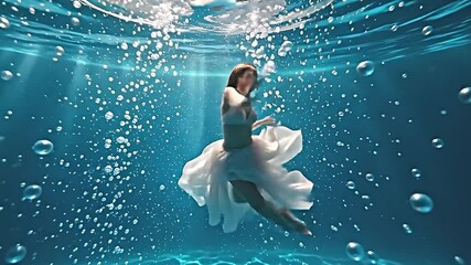 artful 4k cinematic slow motion underwater footage featuring a dancer suspended in the pool, surrounded by a multitude of tiny air bubbles