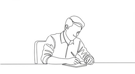 Fototapeta premium Continuous Line Drawing of a Focused Man Writing Notes at His Desk