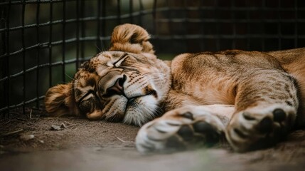 Naklejka premium Young lion cub sleeping peacefully near wire fence wildlife nature photography