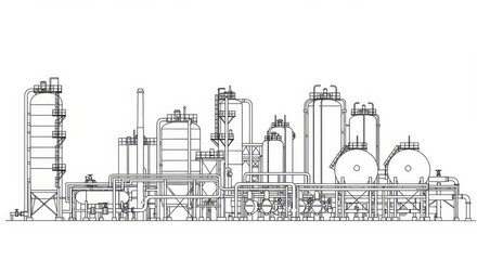 Minimalist line art illustration of a gas processing complex on white background