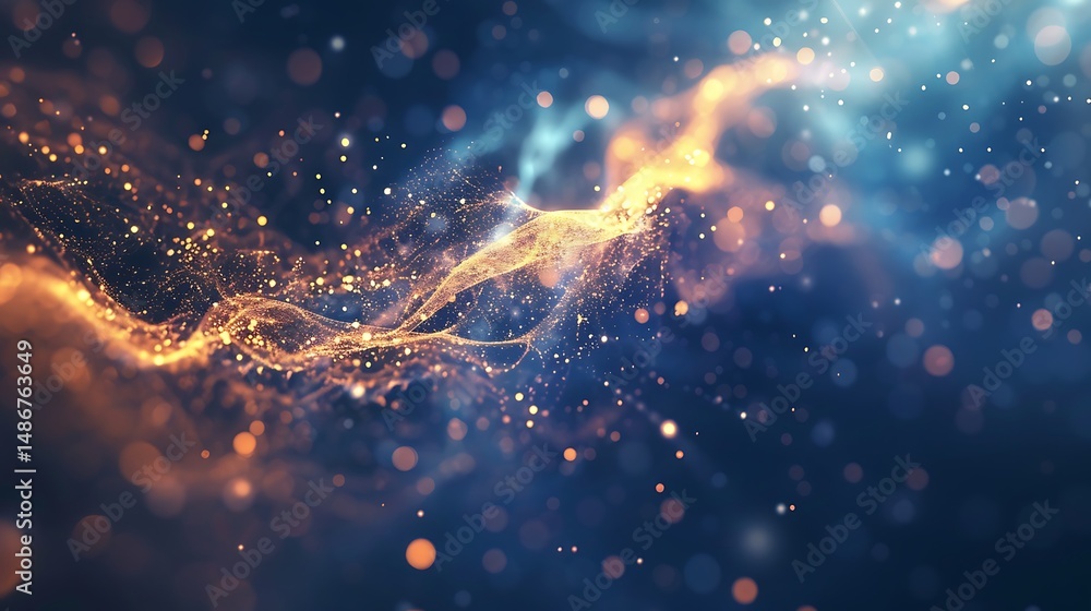 Poster abstract digital design with blue and orange glowing particles and bokeh effect