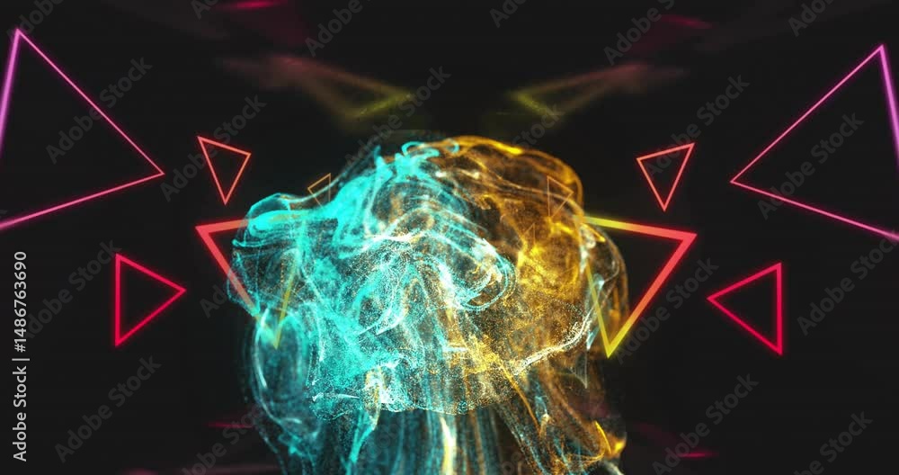 Poster swirling particle cloud flowing in dark digital space, featuring neon triangular outlines