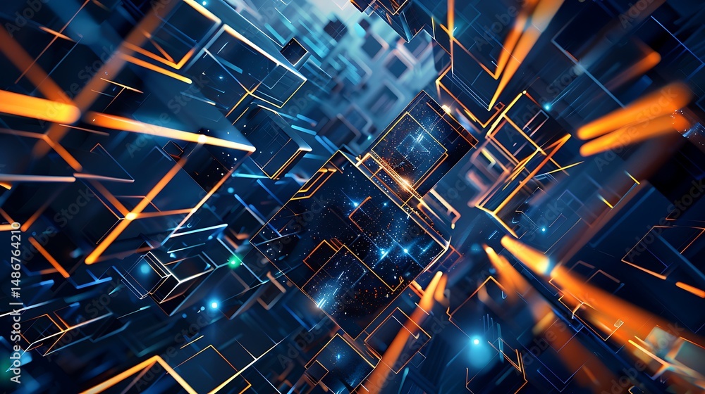 Aufkleber abstract digital network design with blue and orange illuminated lines and geometric structures