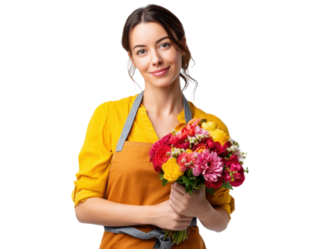 Smiling woman holding a bunch of pink and red roses, her face radiating beauty and happiness
