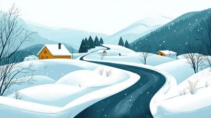 Snowy winter landscape with winding road and cozy houses.