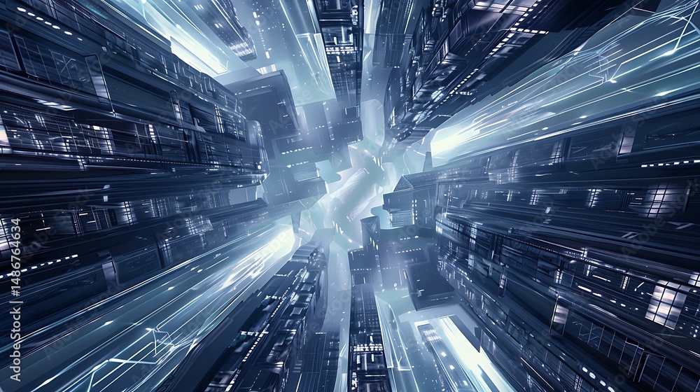 Poster abstract futuristic cityscape with illuminated structures and digital lines