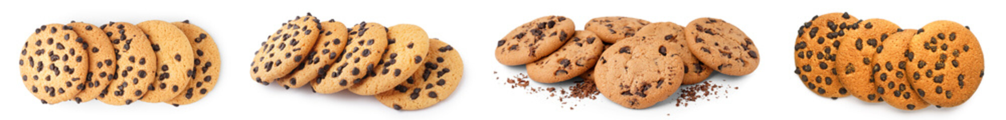 Set of tasty cookies with chocolate chips on white background