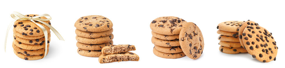 Set of tasty cookies with chocolate chips on white background