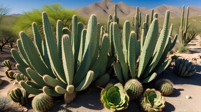 Green flat rounded stalks of cacti and mesquite tree branches in the Sonoran Desert. Moctezuma, Sonora Mexico ... Flat green rounded cladodes of opuntia cactus, Balchik, opunti .. spines ..