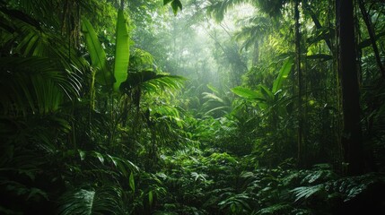 Verdant lush green tropical rainforest scene with light and foliage