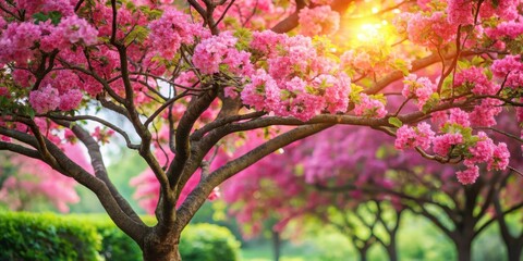 A tree with vibrant pink flowers blooming in spring, surrounded by lush green foliage and sunlight filtering through the leaves, flowers in bloom, tree blossoms