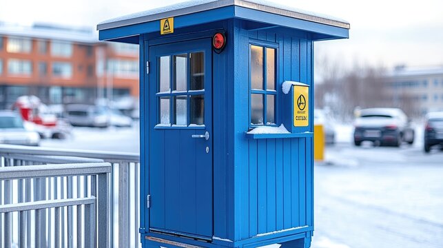 Blue winter guard booth with snowy parking.