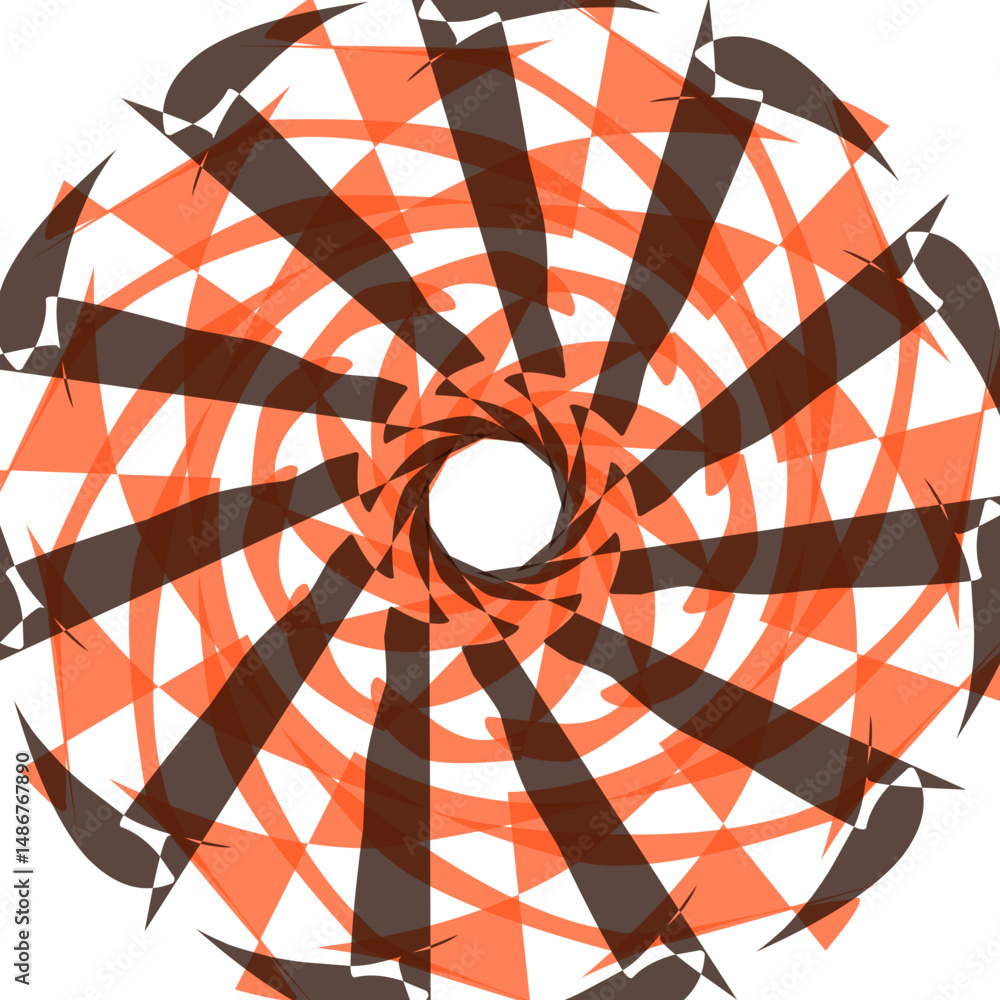 Poster geometric shapes create an abstract circular design with orange and brown tones on a white backdrop 