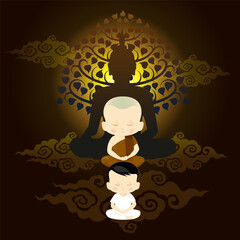 flat hand drawn set illustration A young novice practices meditation according to Buddhist principles.